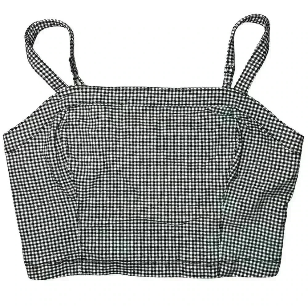 Hollister Gingham Black White & Red Square Neck Crop Top Plaid Size Large